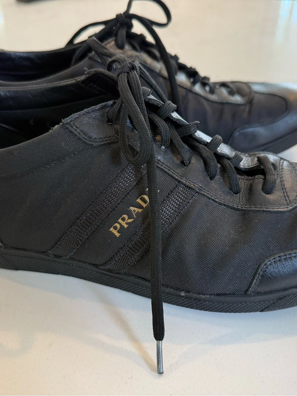 PRADA Men's Black Leather/Canvas Sneakers Size 8.5 EU